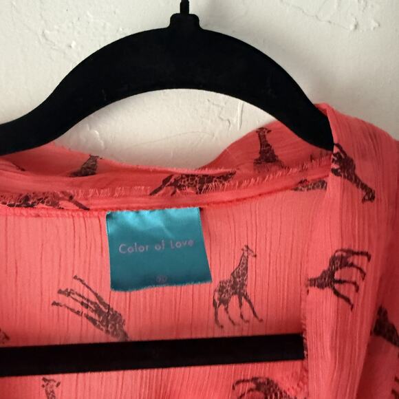 Color of Love Blouse Womens Medium‎ Red Sheer Giraffe Print Boho Peasant Top Tie - Picture 4 of 9